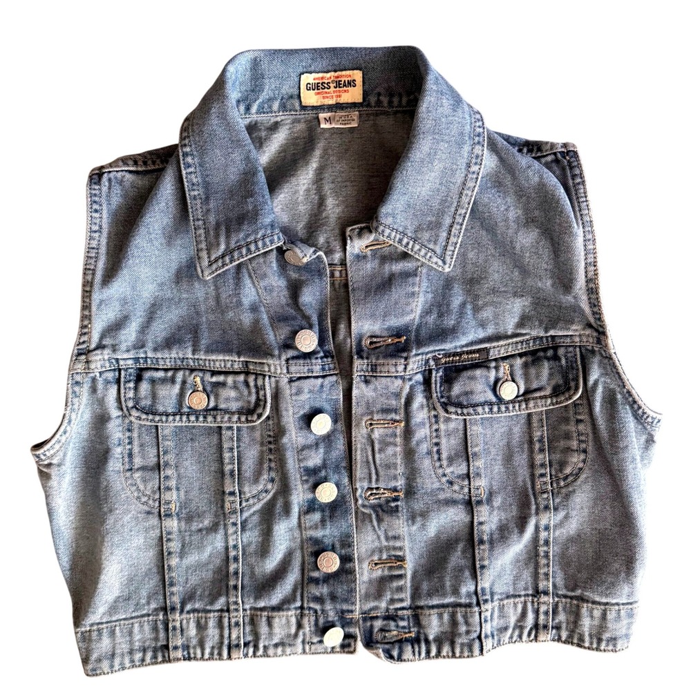 Guess Jeans Vintage Denim Vest Medium Light Blue Cropped 100% Cotton USA